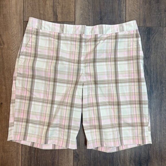 Izod Ladies Performx Plaid Golf Shorts Size 16 Beige Pink Brown Chino Stretch - Picture 1 of 6